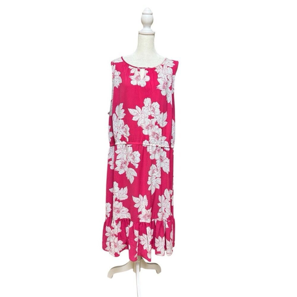Talbots Plus 18W Pink Floral Midi Dress Sleeveless Ruffle Hem Stretch